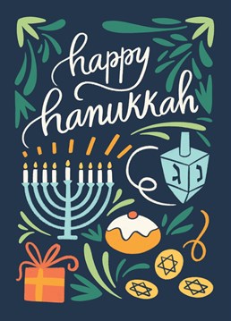 Greeting card with lettering and illustrations to wish a Happy Hanukkah to your loved ones.