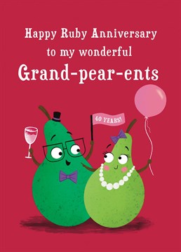 Congratulate your Grand-pear-ents on their Ruby Anniversary with this funny pears card. This design features a Grandma and Grandpa pear looking into each others eyes and smiling.