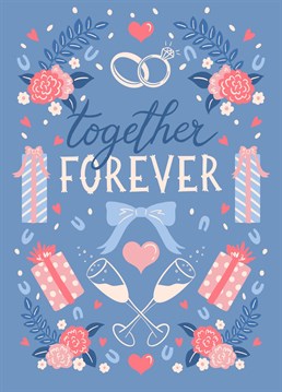 Send this 'something blue' pretty wedding card to the happy couple on their special day. This traditional yet modern illustration by Jessie Maeve Studio features hand drawn typography and confetti, flowers and presents.