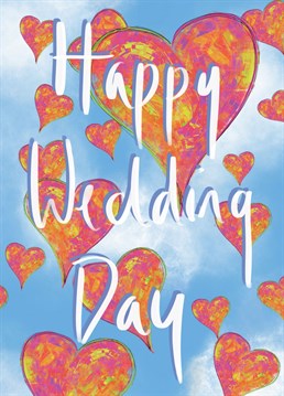 Fill the sky with hearts and best wishes. Send this card by Kirsty Todd Illustration and celebrate with the happy couple on their wedding day.