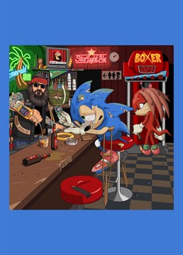 Sonic the Hedgehog on crutches, drowing his sorrows having completely ruined his knees after 26 years of high impact running, as requested by David Sinclair. Hilarious Jim'll Paint It design by Lesser Spotted Images.