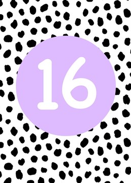 Celebrate turning the milestone 16th Birthday with this cool Dalmatian print, black spot design. A pop of purple colour completes the card!