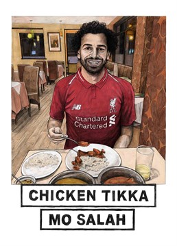 After winning the champions league Mo Salah went for his favourite meal, a slap up curry. Football inspired birthday card by Quite Good Cards.