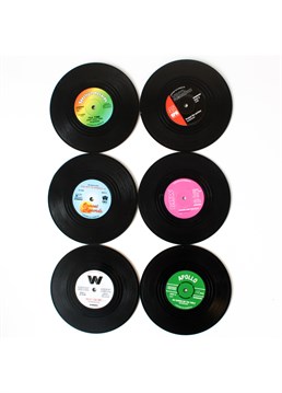 Too hot to handle!.  6 x unique vinyl coasters.  Perfect gift for old-school music lovers.  Stylish addition to any home.  Different classic record label designs. Calling all hipsters: if you can't get enough of your retro music or your retro d&eacute;cor, then these ultra-cool Retro Vinyl Coasters will make the perfect addition to your coffee table! Featuring some of the biggest names in music from the last six decades, these colourful coasters come aptly adorned with related hit singles, such as ""Tea Time"" and ""No Marks On The Table."" No two coasters will ever be the same and they will arrive in a sleek white box that is ideal for storing the coasters when they are not in use. They also make a thoughtful, quirky gift for any music lover in your life.