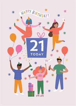 Cheers to 21 years! The colourful, contemporary design is sure to make the birthday boy or girl smile on their special day. Designed by Scribbler.