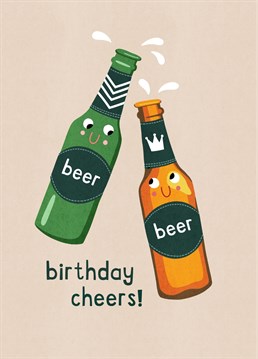 Send your best birthday wishes with this fun yet cute illustrated beer bottle characters reading 'birthday cheers!'