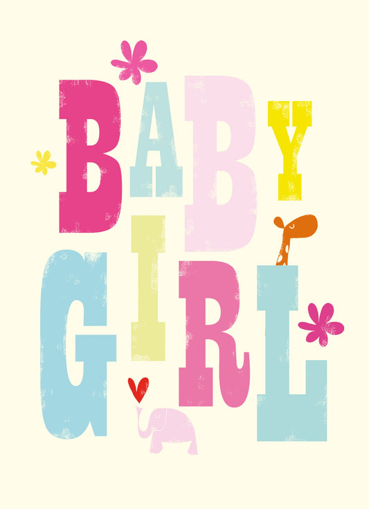 Baby Girl With Animals And Flowers Card