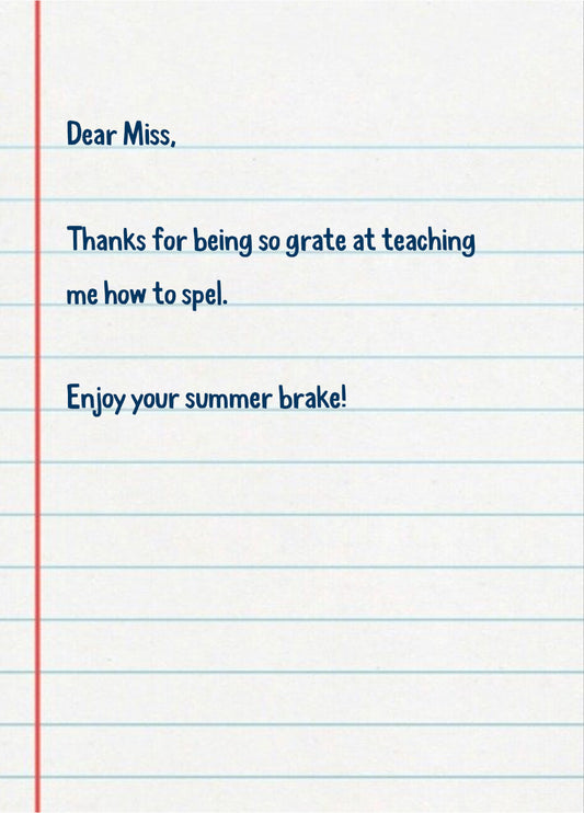 Funny Teacher Thank You Card 'Spel Grate'