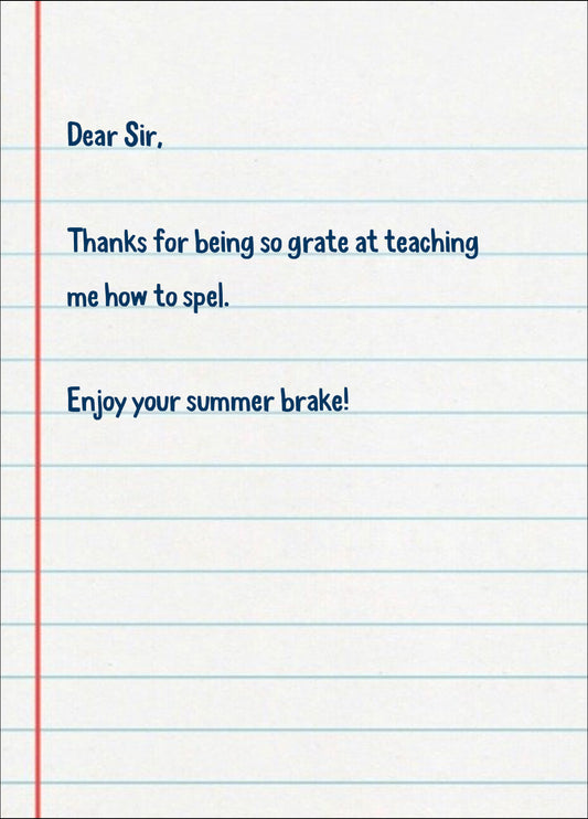 Funny Teacher Thank You Card 'Spel Grate Sir'