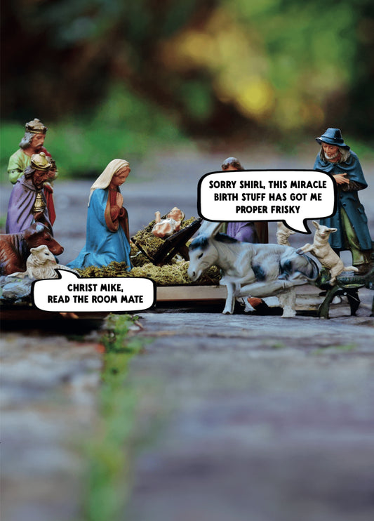Funny Nativity Christmas Card - 'Frisky'