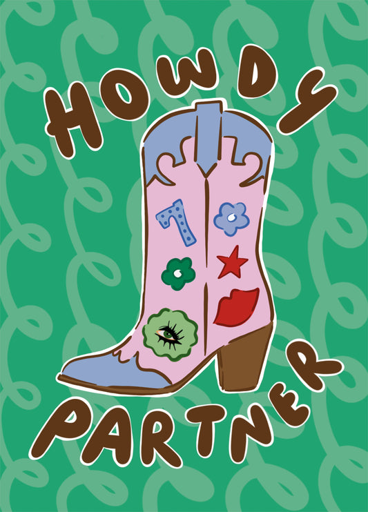 Howdy Partner Funny Greeting Card – Western Cowboy Boot Design