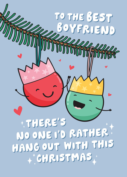 Cute Baubles Christmas Card For Boyfriend