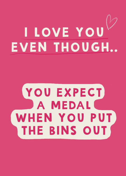 funny anniversary card - putting the bins out - pink