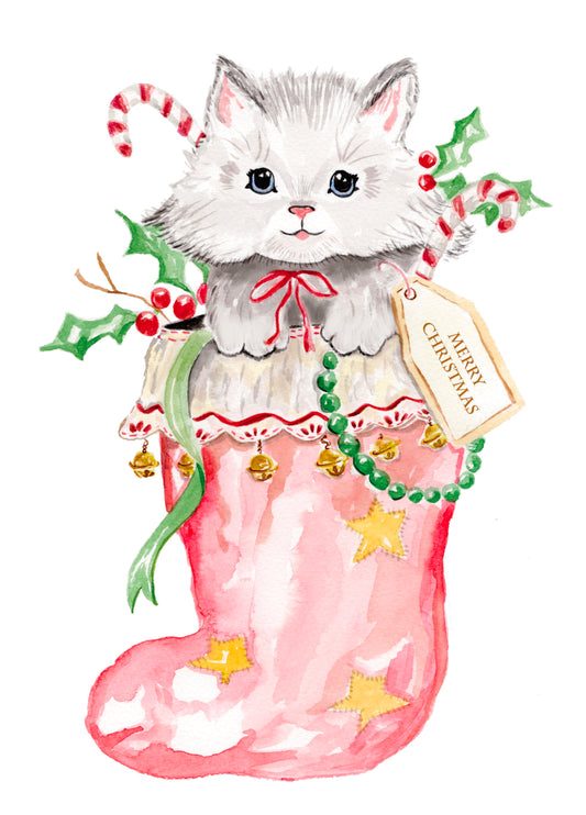 Vintage Inspired Kitten In A Christmas Stocking