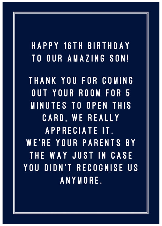 Funny Card For 16th Birthday Card For Son