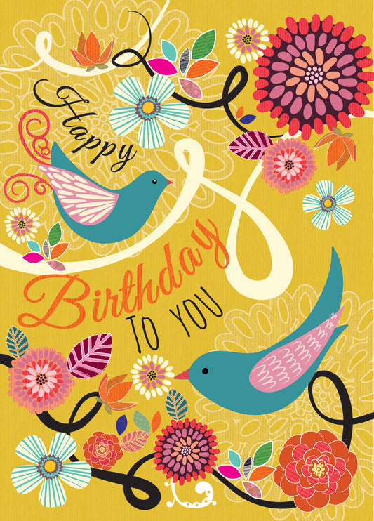 Happy Birthday Floral Yellow Birds Card