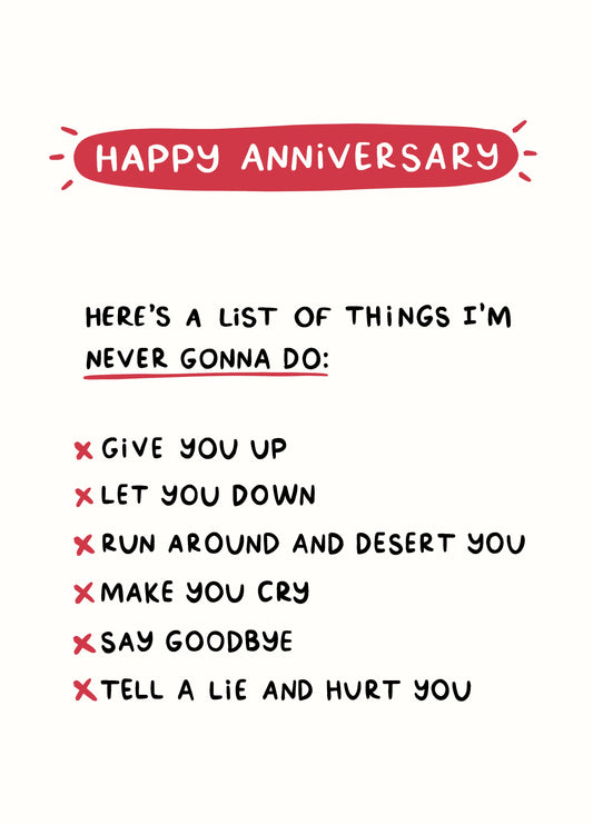 Funny Anniversary List Card - Rick Astley