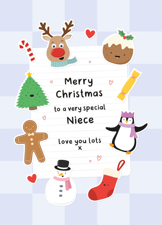 Cute Sticker Style Christmas Card - Niece