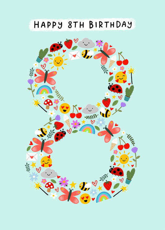 Cute 8th Birthday Card - Mini Illustrations