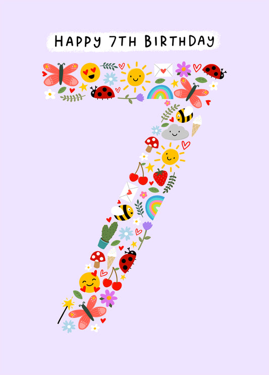 Cute 7th Birthday Card - Mini Illustrations