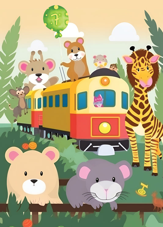 Cute "Animals On Train" Themed 7th Birthday Card