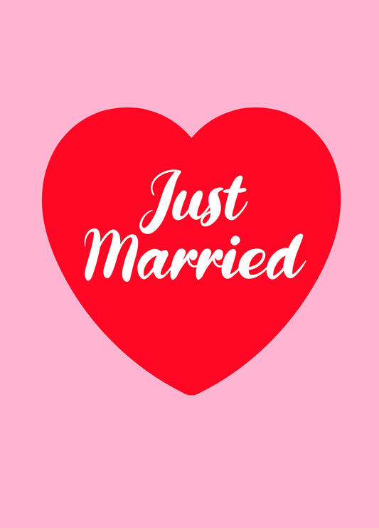 Just Married Red Heart On Pink Card