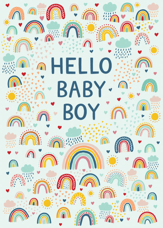 New Baby Card - Blue Rainbows Hello Baby Boy