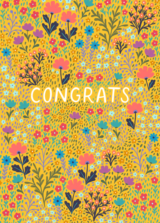 Pretty Congratulations Card - Yellow Floral Pattern