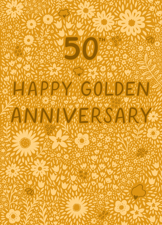 Pretty Anniversary Card - 50th - Golden - Floral