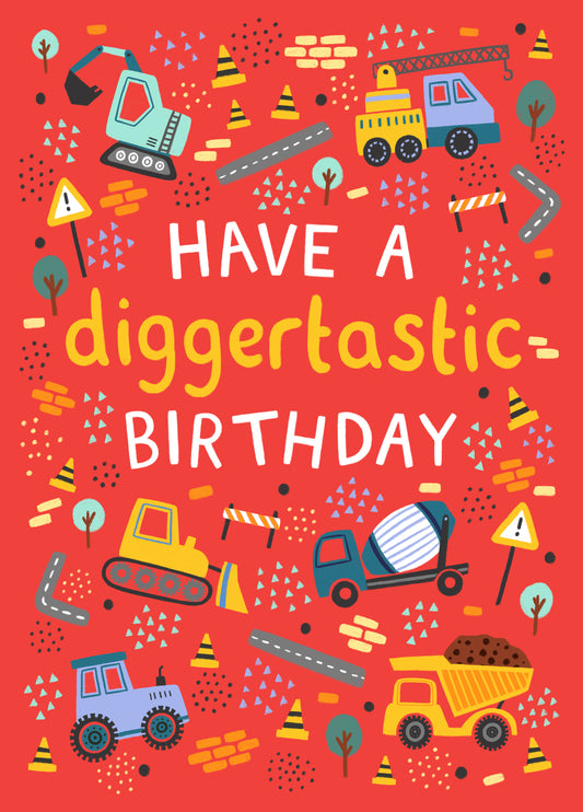 Cute Birthday Card - Tractor - Trucks - Diggers