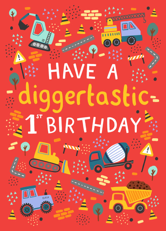 Cute Birthday Card - 1st Birthday - Tractor - Trucks - Diggers