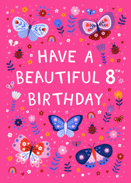 Cute 8th Birthday Card - Butterflies And Ladybirds - For Her