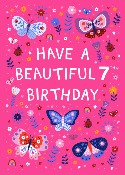 Cute 7th Birthday Card - Butterflies And Ladybirds - For Her