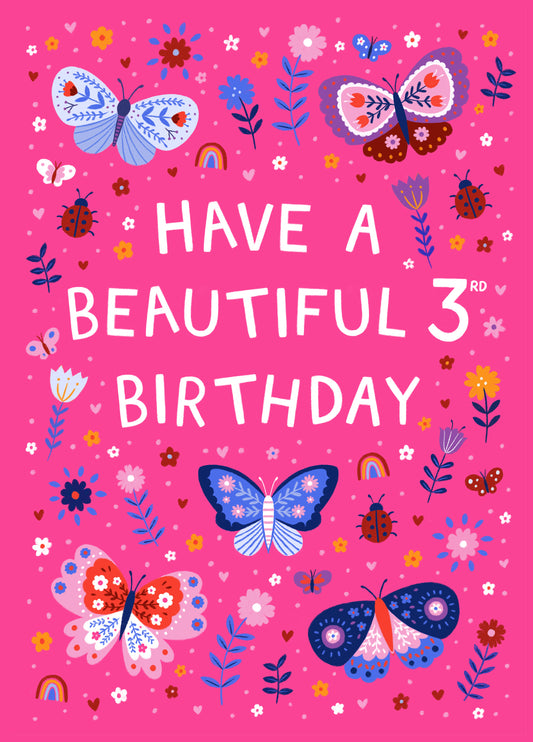 Cute 3rd Birthday Card - Butterflies And Ladybirds - For Her