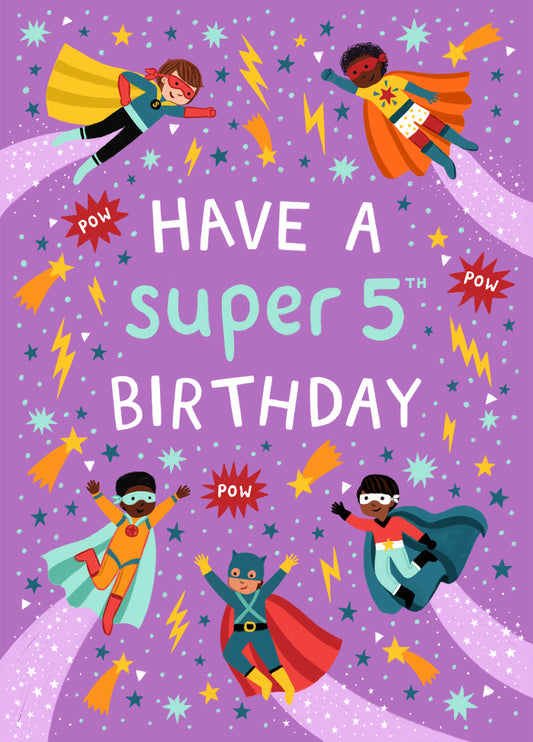 Cute 5th Birthday Card - For Him - Superheroes
