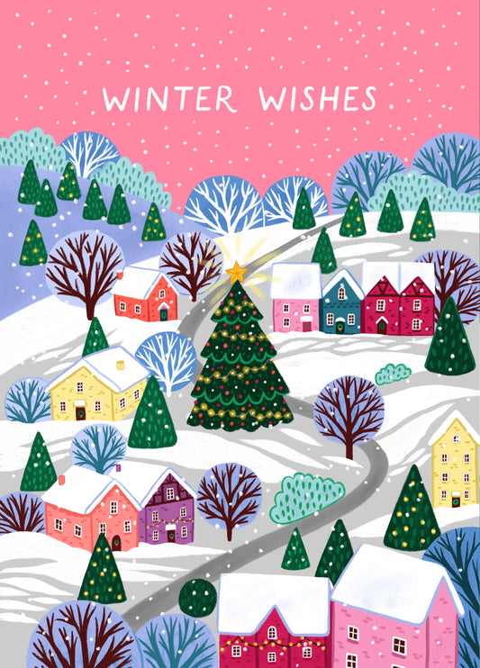Classic Christmas/New Year Card - Winter Wishes - Village Snow Scene