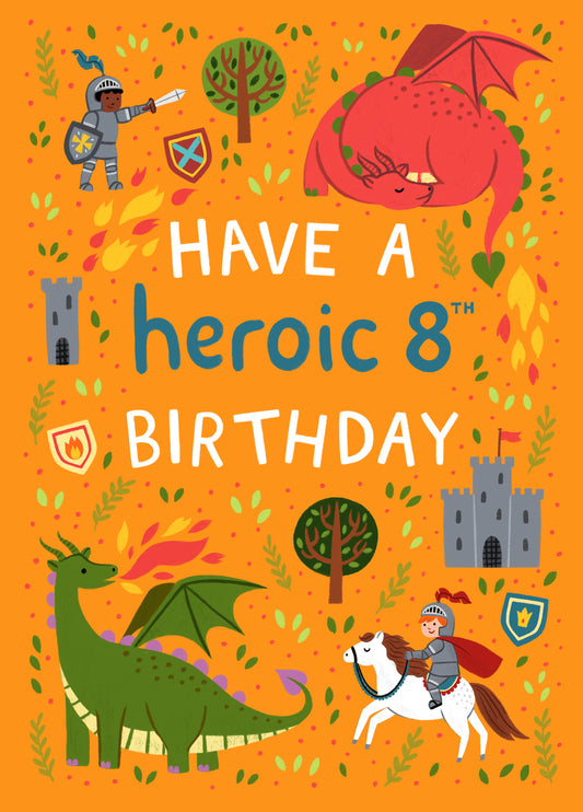 Cute Birthday Card - 8th - Knights And Dragons