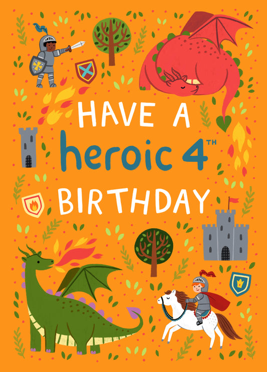 Cute Birthday Card - 4th - Knights And Dragons