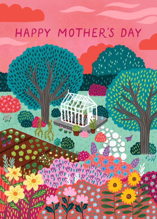 Pretty Mother's Day Card - Colourful Garden - Greenhouse