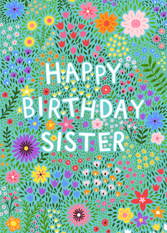 Floral Teal Happy Birthday Card For Sister