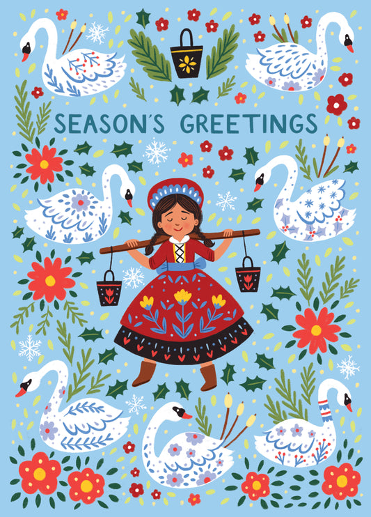 Pretty Christmas Card - Twelve Days Of Christmas - Swans Swimming & Maids Milking