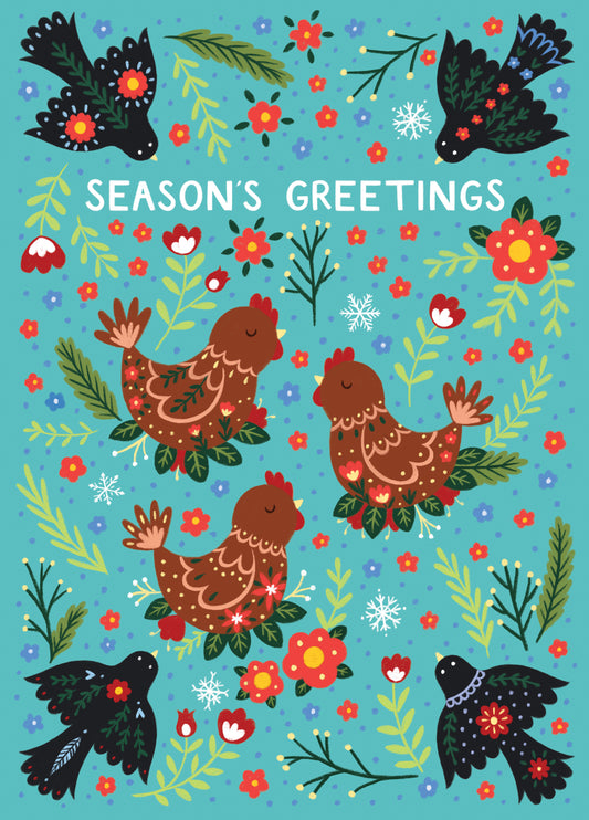 Pretty Christmas Card - Twelve Days Of Christmas - French Hens & Calling Birds