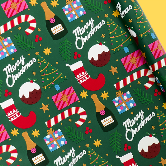 Xmas Icons Forest Green Roll Wrap
