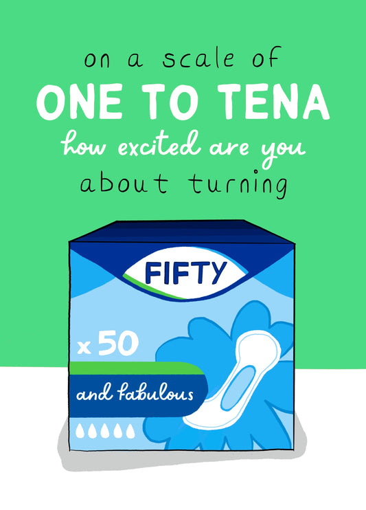 Scale Of One To Tena 50th Birthday Card