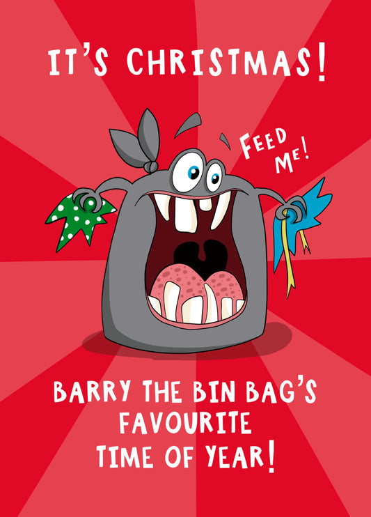 Christmas Card - Barry The Bin Bag Paper Eating Monster