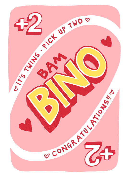 Funny Uno Inspired New Baby Card For Twin Girls