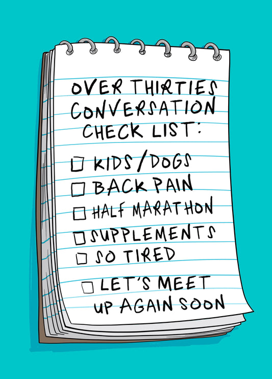 Funny Birthday Card - Over Thirties Conversation Checklist