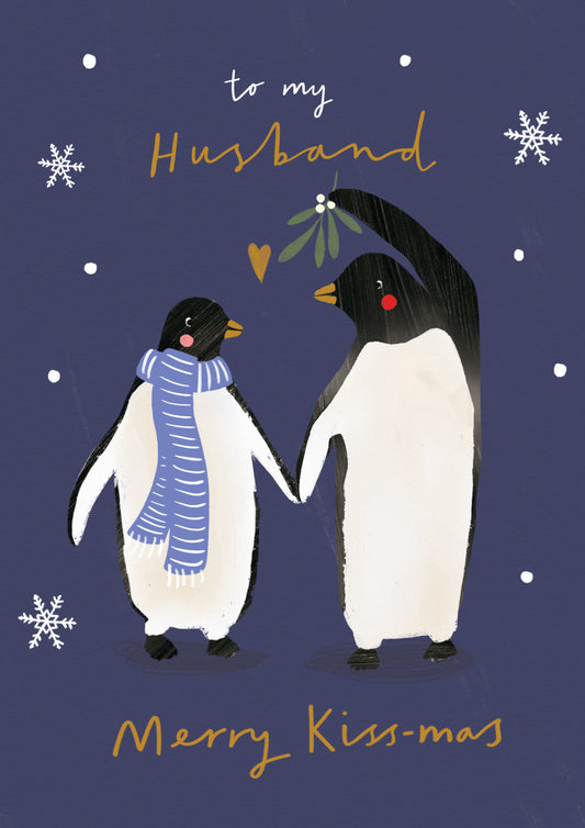 Husband Penguin Kisses Christmas Card