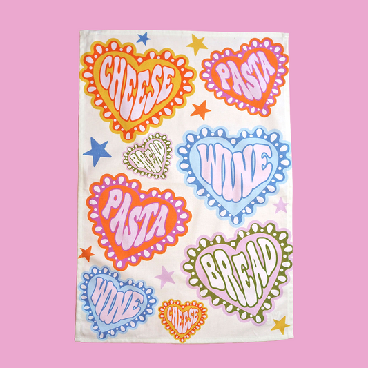 Cheese, Bread, Wine & Pasta Tea Towel