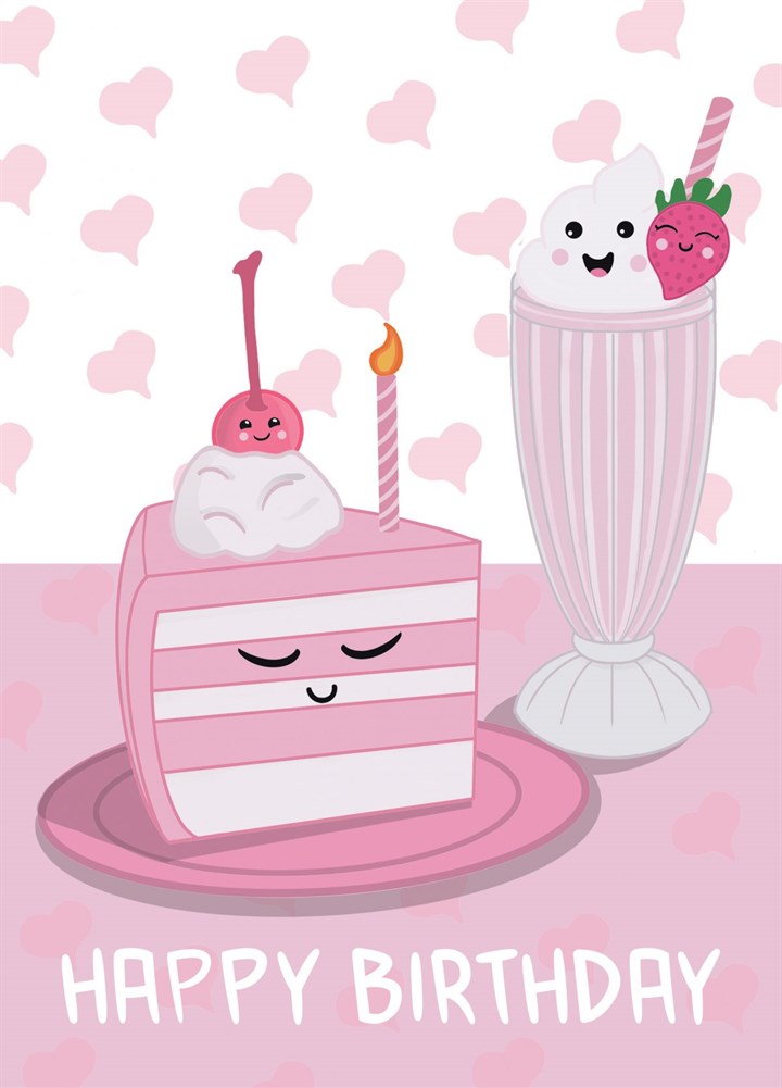 Kawaii Birthday Cake And Milkshake Card